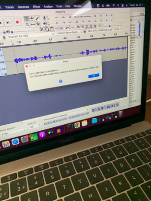 Audio host issue with Audacity, indicating need to check amplifier and interface level following power outage.